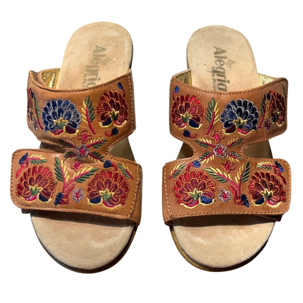 Alegria Linn Sandals Women 36 US 6 6.5 Leather Floral Embroidered Wedge Slide